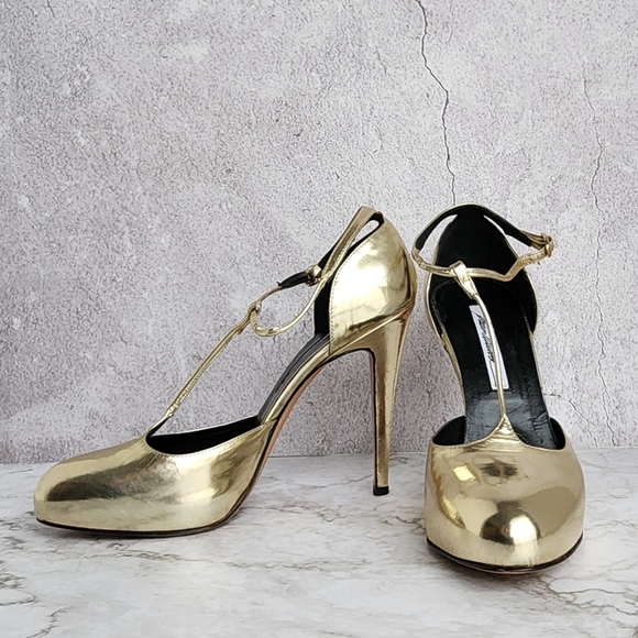 Brian Atwood. Gold Metallic Leather, T Strap Pumps Heels - Picture 7 of 16